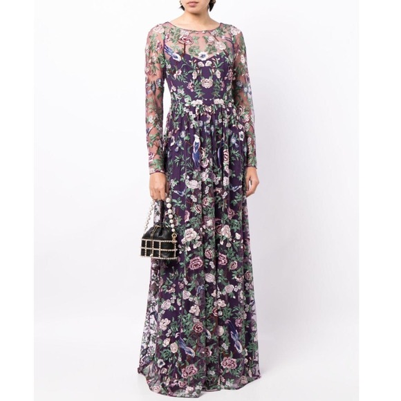 Marchesa Floral Embroidered Gown Purple Green Sheer Long Sleeve Dress Sz 2 - Picture 1 of 14